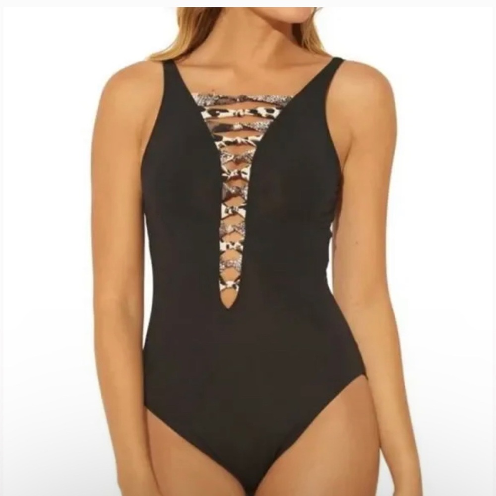 BLEU ROD BEATTIE Animal Print Lace Up One Piece Swimsuit size 8